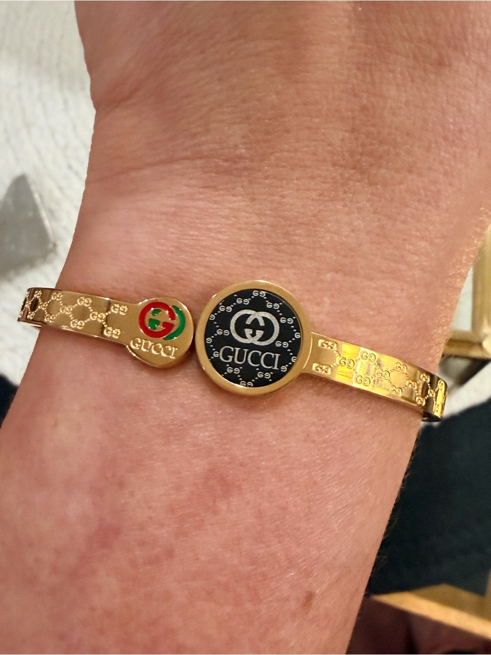 Gold Toned Stainless Steel Bangle Bracelet with Black Medallion Accent | NEW - Picture 3 of 8